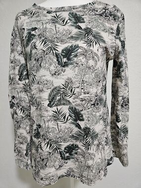 Women’s Long Sleeve Tropical Print Tee - Green/White